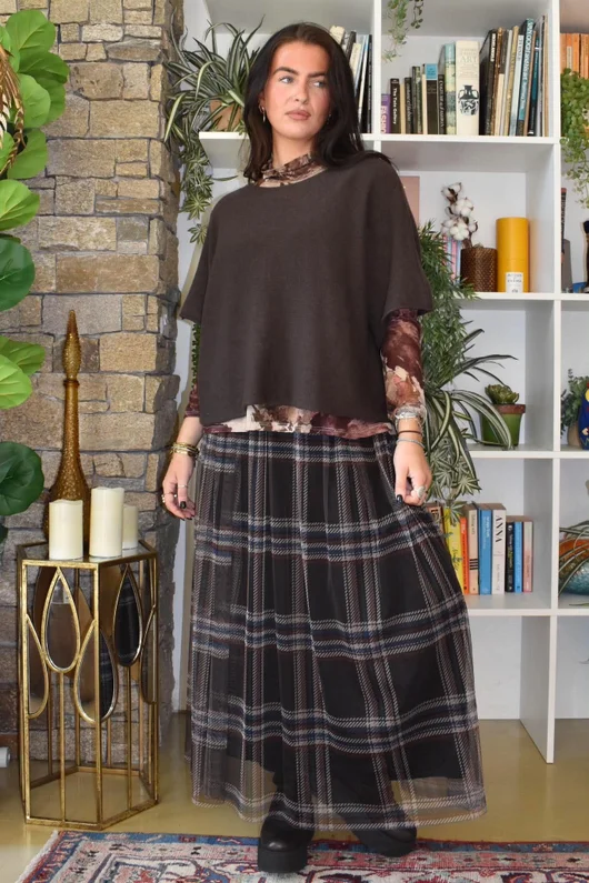 Myrtle Plaid Tulle Midi Skirt Chocolate